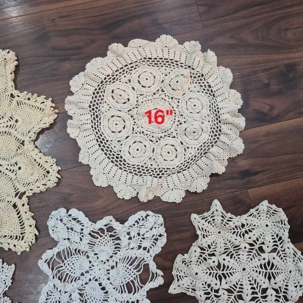 Crochet, 6 Vintage Large White & Ecru Cotton Doilies, Handmade
